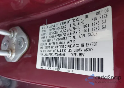 2007 Honda Cr-V Ex-L z USA, uszkodzony, nr VIN JHLRE38727C005191